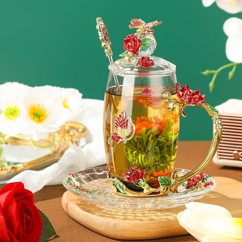 LANTREE Fancy Glass Tea Cup with Lid Saucer Spoon Flower Coffee Mug Unique Birthday Gift for Friend Female Mother-in-Low Daughter House Warming Gift(Tall Red) - Image 2